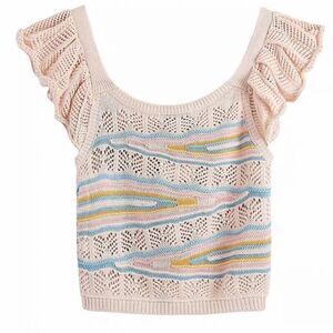 NWOT Zara Multi Color Pointelle Knit Ruffle Sleeve Cream and Pastel Crop Top
